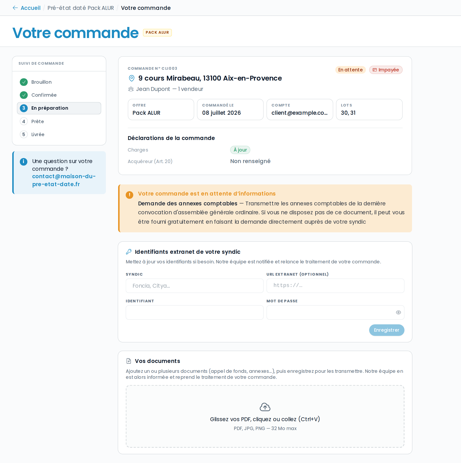 La page de votre commande : suivi, motif d'attente et actions en libre-service