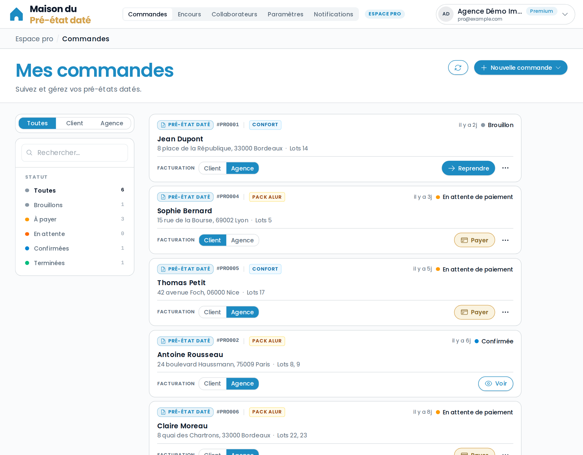 Le tableau « Mes commandes » de l'espace professionnel