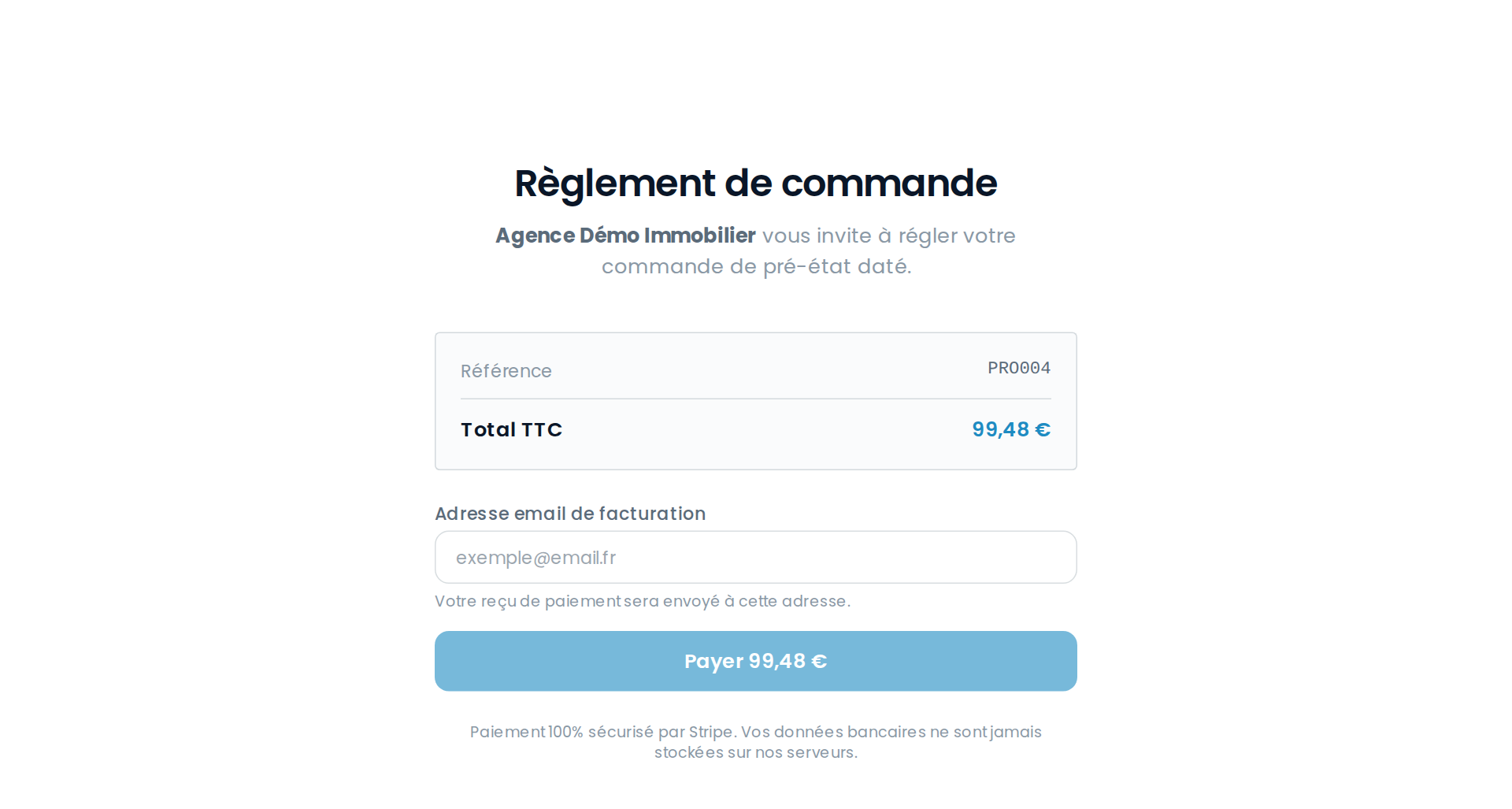 La page de règlement telle que la voit le client